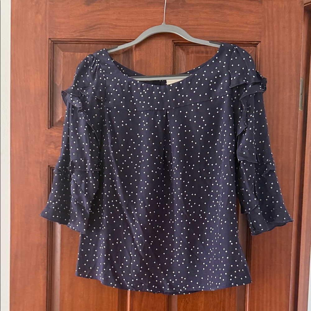 Maeve Navy Polka Dot Ruffle Sleeve Blouse